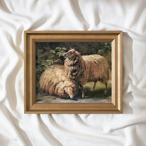 Two Sheep #252 | Vintage Framed Wall Art Paintings | Antique Art Prints | Vintage Landscape Painting Framed | Sheep Farm Animal Artwork