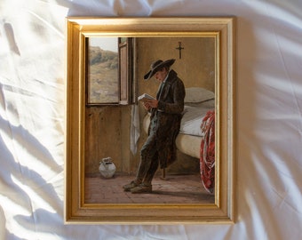 Clergyman Reading #251, arte vintage enmarcado, arte de pared enmarcado antiguo, pinturas vintage pequeñas y grandes, impresiones de arte con marco dorado sobre lienzo