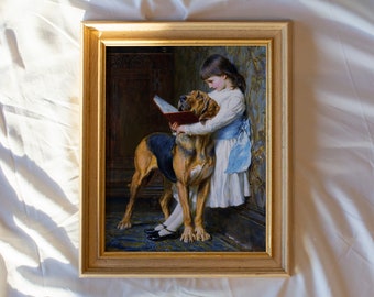 Child and Her Dog #33 | Vintage Wall Art Prints Framed | Antique Portrait Painting | Custom Gold Framing