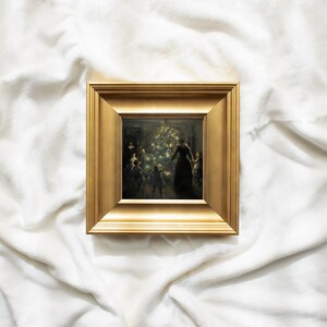 May include: A framed painting of a group of children gathered around a Christmas tree, lit with twinkling lights. The children are holding hands and smiling, creating a festive and heartwarming scene.