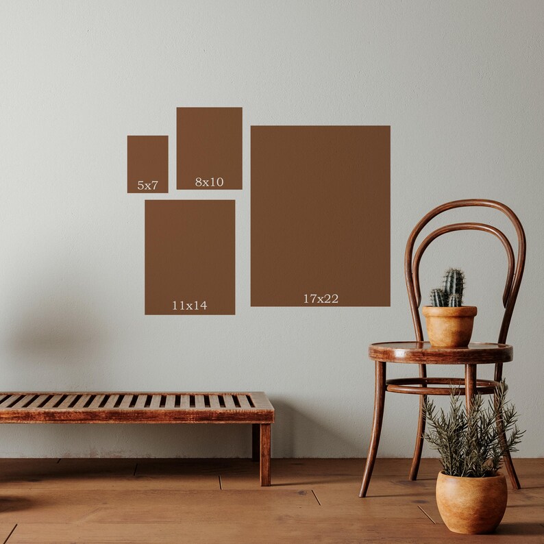 a room with a wooden bench, a wooden chair, and a potted plant. There are four square photographs of varying sizes displayed on the wall, each labeled with the corresponding size in inches.