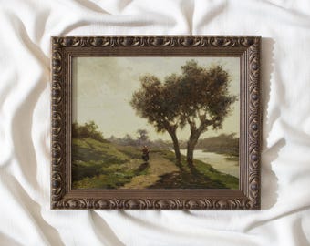 Landscape with two Trees #293 | Vintage Landscape Painting | Framed Wall Art Decor | Antique Fall Landscape Print | Large Living Room Art