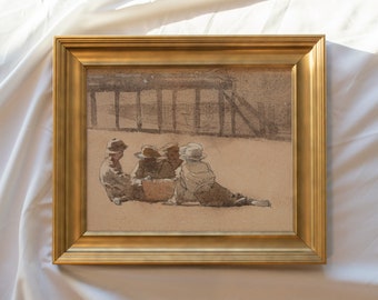 Four Boys on a Beach #59 | Vintage Framed Wall Art Paintings | Antique Art Prints | Vintage Landscape Painting Framed | Vintage Sketch