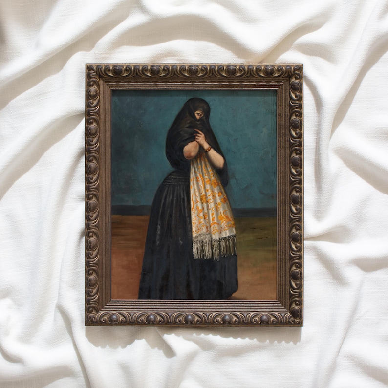 Framed Vintage Spanish Portrait, Moody Old World Art Print, Antique Woman Painting, Dark Academia Wall Art, Historical Wall Decor #104 image 1