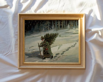 Papá Noel #268, impresión de arte navideño vintage ENMARCADO, arte antiguo de la pared navideña, impresión de arte festivo festivo, pintura de paisaje invernal
