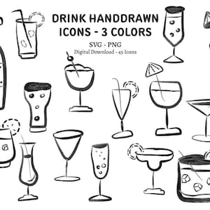 Handgetekende aquarel drankje pictogrammen - menu-decoraties, grillige uitnodigingen, clip art bundel voor feesten, cocktailillustraties, SVG PNG, drank