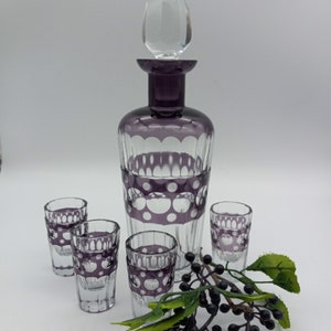 Rare MCM Amethyst Cut Glass Decanter w/4 Glasses 1950s