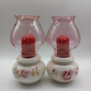 Set of 2 Hand Painted Round Candle Holders w/Pink Roses and Ruffled Pink Globes