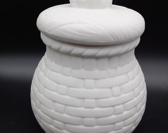 White Bisque Basket Weave Jar w/Hen Handle