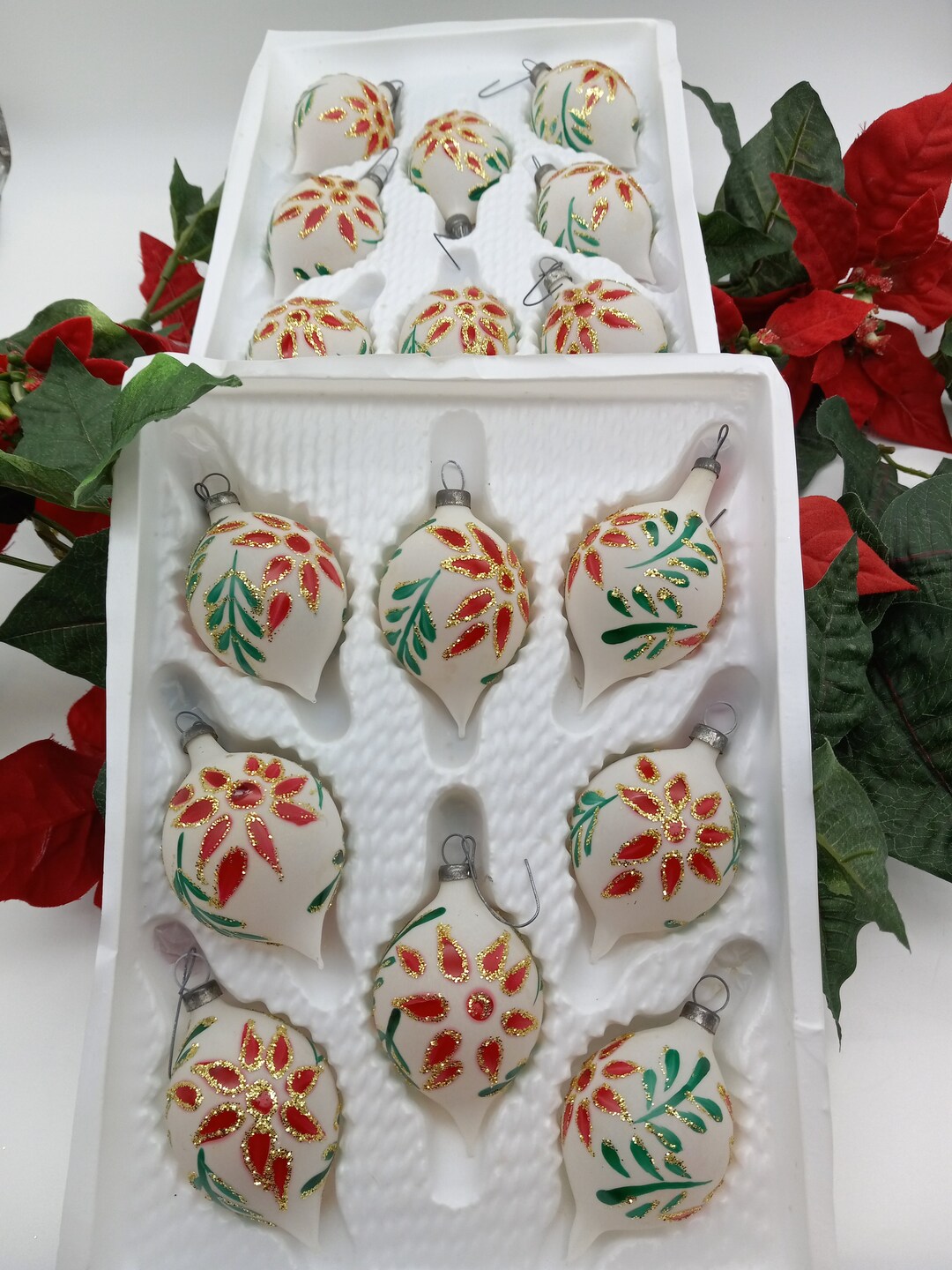 Sterling Hand Decorated Glass Ornaments, Tear Drop Shape. Set of 16