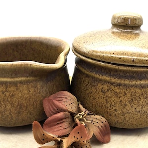 May include: Two handcrafted, speckled ceramic containers. One is a small pitcher with a spout, the other a lidded jar. The pottery is a warm, earthy brown color. Dried, reddish-brown flower petals are in front.