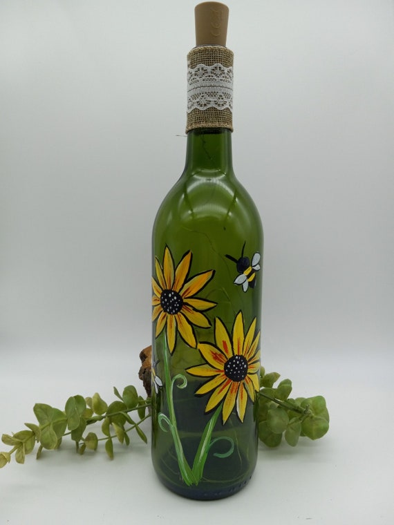 Sunflower/bees Hand Painted & Lighted Wine Bottle - Etsy Sunflower/bees Hand Painted & Lighted Wine Bottle - Etsy