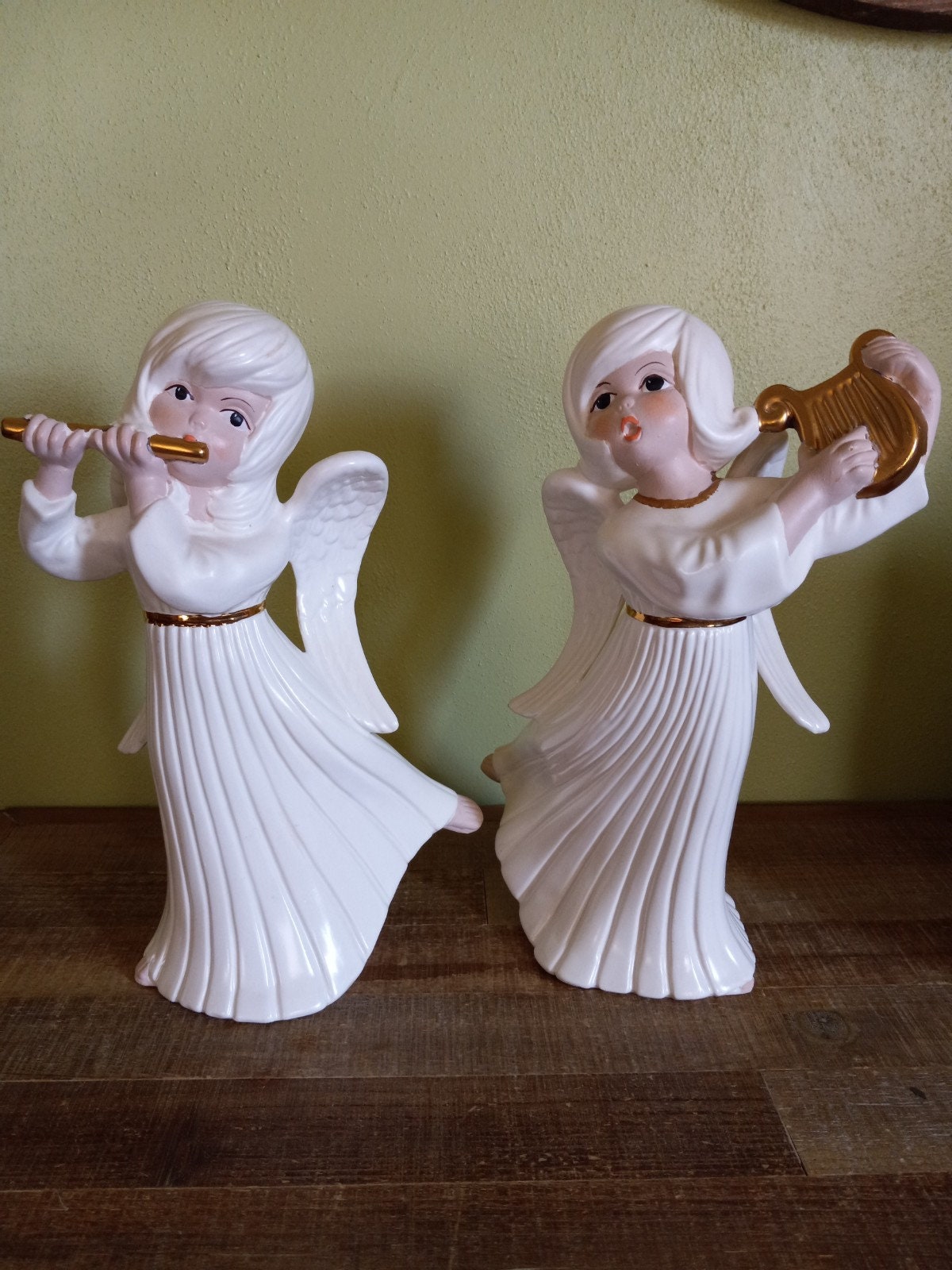 Hand Painted Angel Girls Playing Harp and Flute Figurines - Etsy