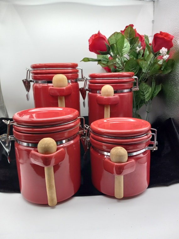 Red Ceramic Canister Set W/wooden Spoons - Etsy