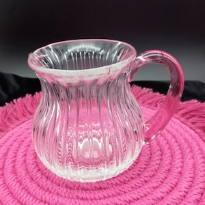 Clear Ribbed Pitcher w/Pink Applied Handle
