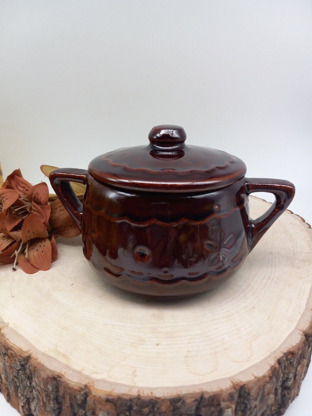 Deep Brown Daisy Dot Sugar Bowl W/lid by Marcrest Stoneware Etsy
