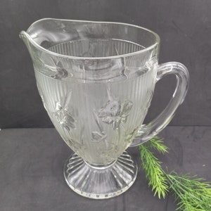 Jeanette Clear Glass Iris & Herringbone Water Pitcher, c.1930-1940