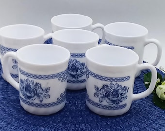 Arcopal France Mugs/Cups in Blue Rose Floral Design, Set of 6