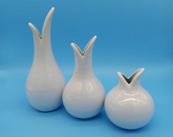 Set of 3 Forked White Ceramic Vases