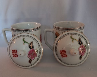 Set of 2 Chinese Oriental Porcelain Tea/Coffee Cups w/Lids