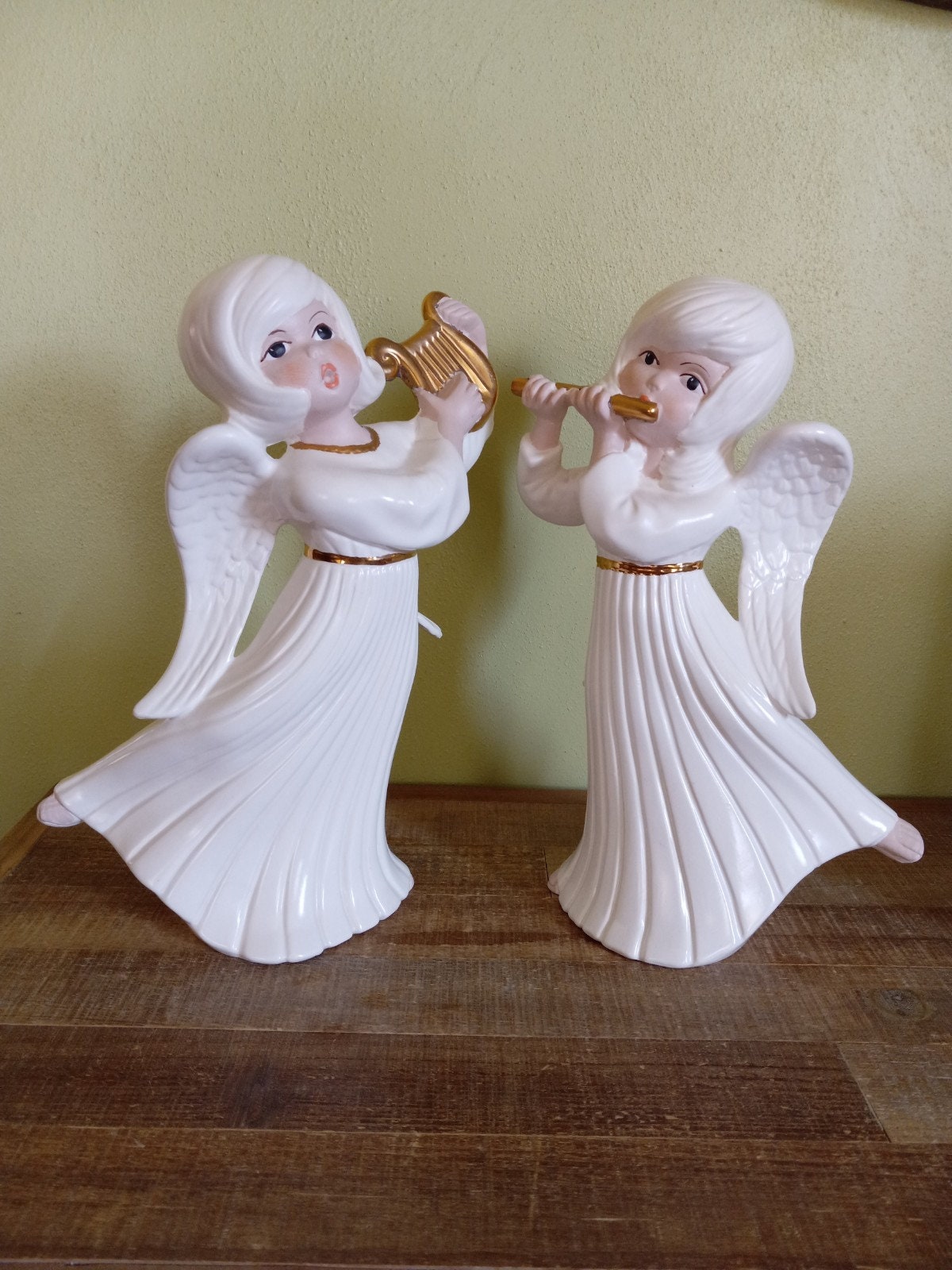 Hand Painted Angel Girls Playing Harp and Flute Figurines - Etsy