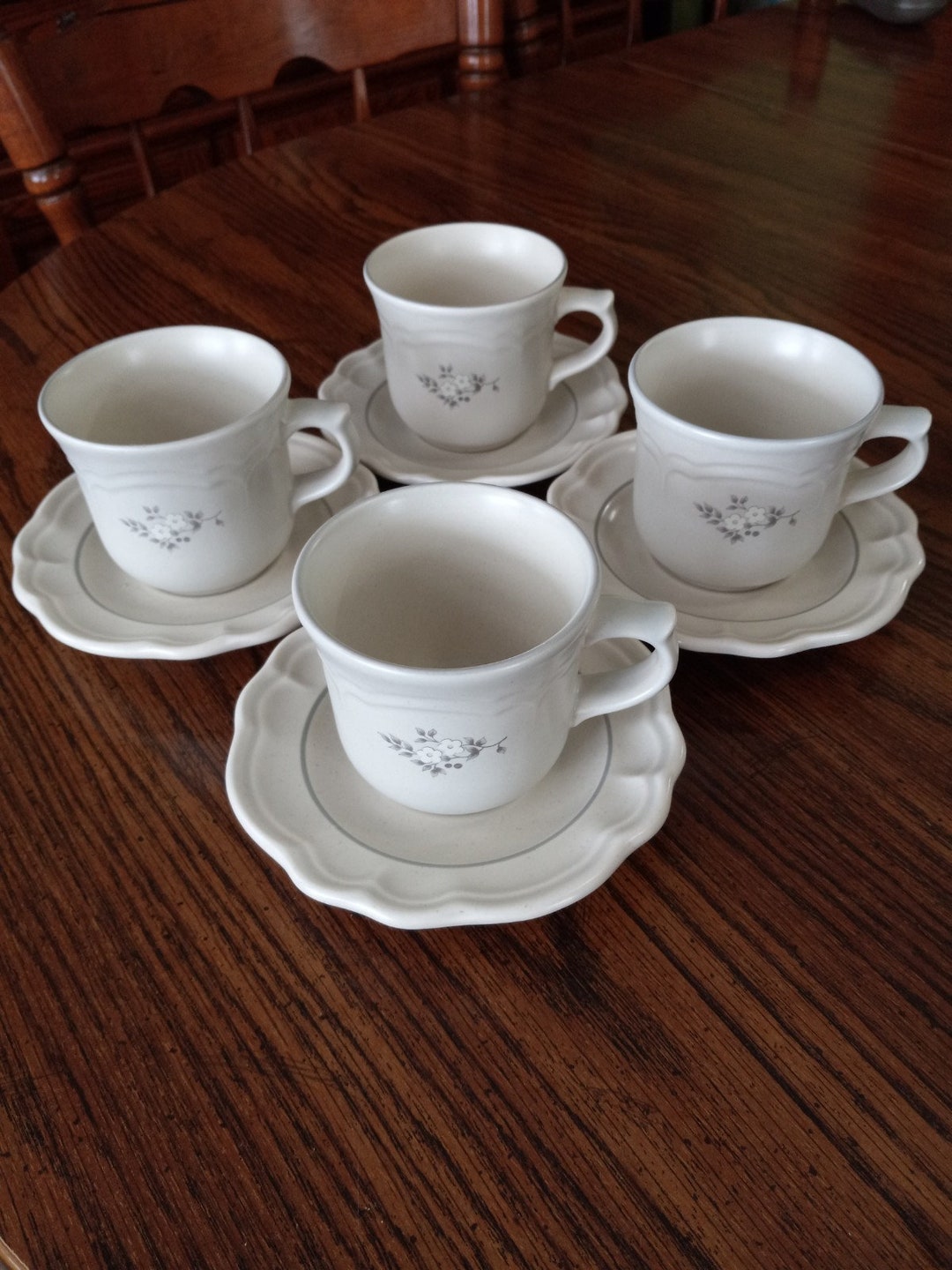 Set of 4 Pfaltzgraff Heirloom Pattern Grey Mugs & Saucers Etsy