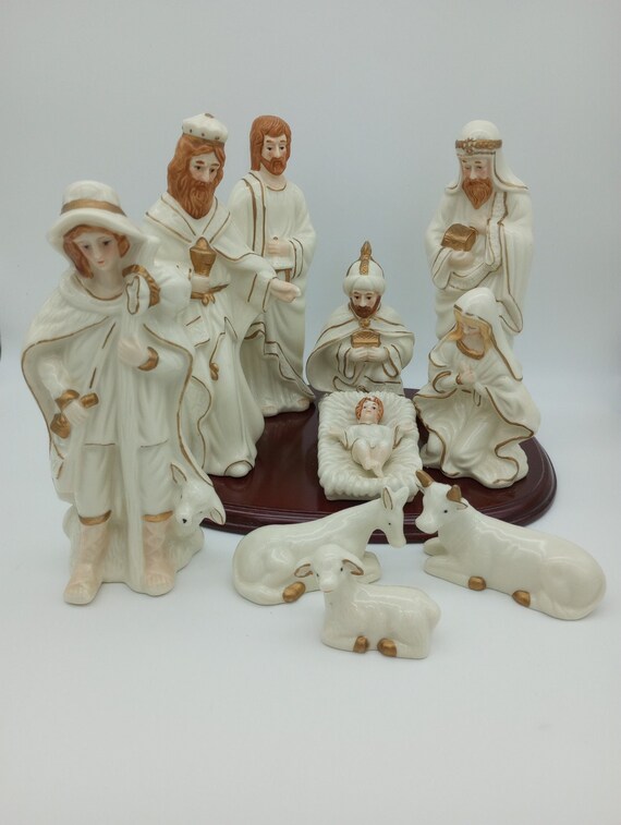 Porcelain Nativity Set With Gold Trim and Base Etsy