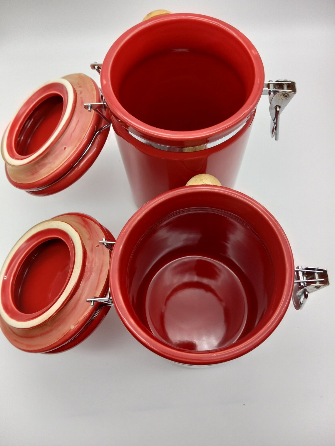 Red Ceramic Canister Set W/wooden Spoons Etsy