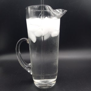 Clear Glass Cocktail Pitcher w/Etched Fish & Bubbles and Glass Swizzle Stick 1960s