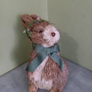Vintage Wood and Straw Bunny in a Distressed White Finish With a Pink Bow