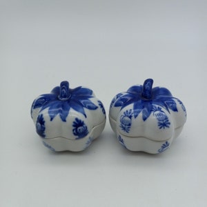 Set of 2  Small Blue/White Pumpkin Trinket Boxes