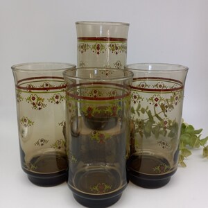 Set of 4 Libbey Brown Floral Glasses