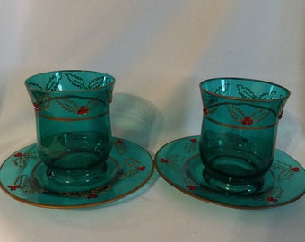 Pair of Hand Painted & Gilded Glasses w/Saucers