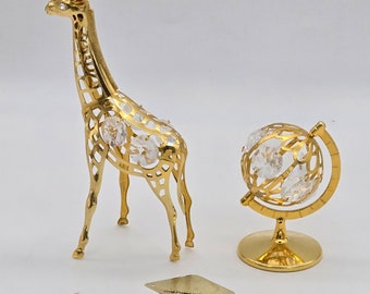 24k Gold Plated Austrian Crystal Figurines. Giraffe and Spinnig