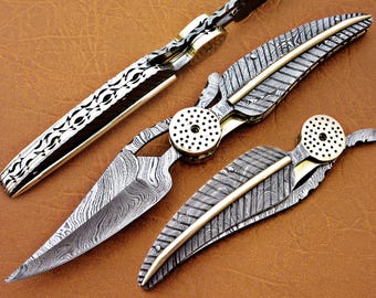 Damascus Leaf Folding Knife: 7.5" Steel Bolster, Carbon Steel Handle