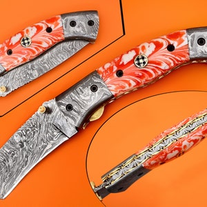 Damascus Tanto Folding Knife: 8" Steel Blade, Orange & White Resin
