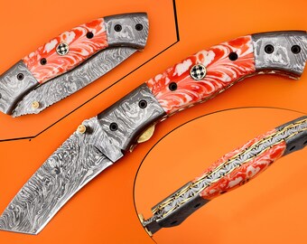 Damascus Tanto Folding Knife: 8" Steel Blade, Orange & White Resin