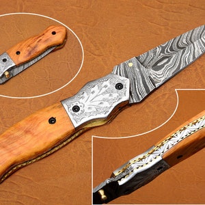 Damascus Folding Knife: 7.5" Olive Wood Pocket Knife