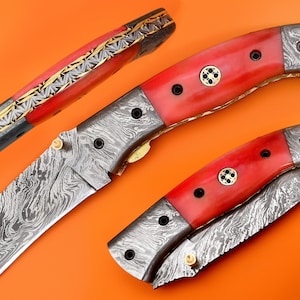 Damascus Tanto  Folding Knife, 8&quot; Damascus  Steel Bolster Point Blade, Pink Color Bone, Pocket Knife, Razor Sharp
