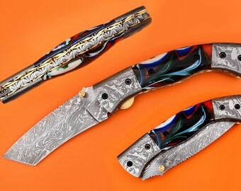 Damascus Tanto Folding Knife: Razor Sharp, Resin Handle