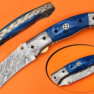 Damascus Tanto  Folding Knife, 8&quot; Damascus  Steel Bolster Point Blade, Blue Bone, Pocket Knife, Razor Sharp