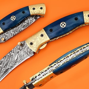 Damascus Tanto Folding Knife: 8" Brass Bolster, Blue Bone Handle