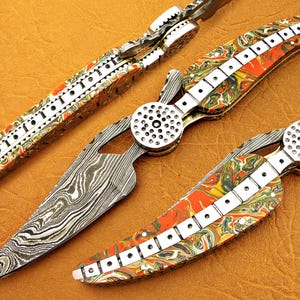 Damascus Leaf Folding Knife: 7.5&quot; Steel Blade, Resin Handle