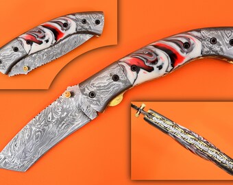 Damascus Tanto Folding Knife: 8" Steel Blade, Red/White Resin Handle