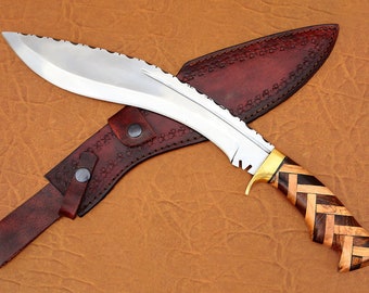 D2 Steel Kukri Knife, 18" Razor Sharp, Brass Clip, Olive & Walnut Wood Handle