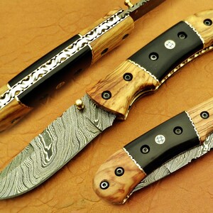 Damascus Folding Knife: 7" Bolster Point Blade, Olive Wood & Buffalo Horn Handle