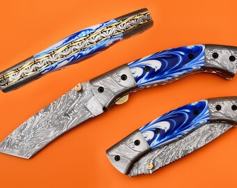 Damascus Tanto Folding Knife: 8" Steel Blade, Blue & White Resin Handle