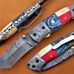Damascus Folding Knife, 7.5&quot;, American Handle, Damascus Steel Bolster Point Blade, Camel Bone, Red and Blue Fiber Handle, Pocket Knife