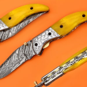 Damascus  Folding Knife, 7.5&quot;, Steel Bolster Point Blade, Yellow Color Bone, Pocket Knife, Razor Sharp