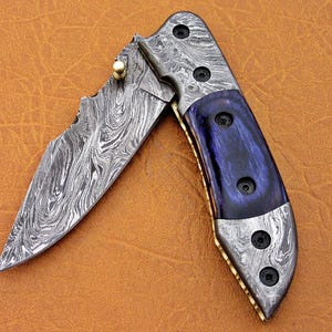 Damascus Folding Knife: 7.5" Razor Sharp Pocket Knife, Purple Micarta Handle